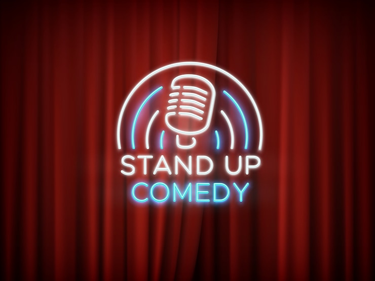 Vector stand up comedy neon sign with microphone and red curtain  background. 