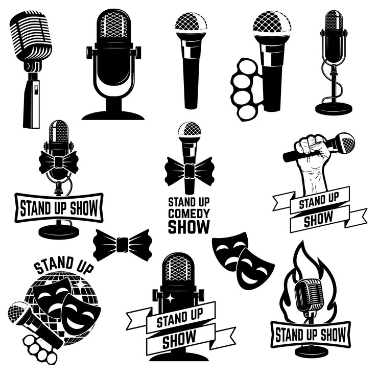 Stand-up comedy show labels Set van oude stijl microfoons