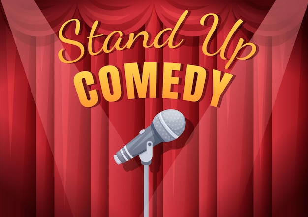 Stand up comedy show scena teatrale con comico a tendina rossa e microfono aperto nell'illustrazione