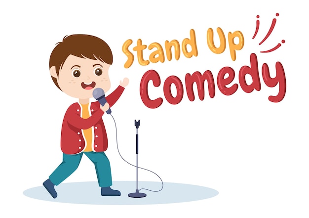 Stand Up Comedy Show Theater Scene with Red Curtain Comedian and Open Microphone to in Illustration