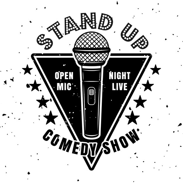 Stand up comedy show vector embleem badge label stempel of logo in vintage monochrome stijl geïsoleerd op witte achtergrond met verwijderbare textuur