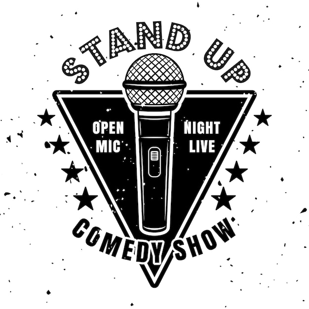 Stand up comedy show emblema vettoriale badge etichetta timbro o logo in stile monocromatico vintage isolato su sfondo bianco con consistenza rimovibile