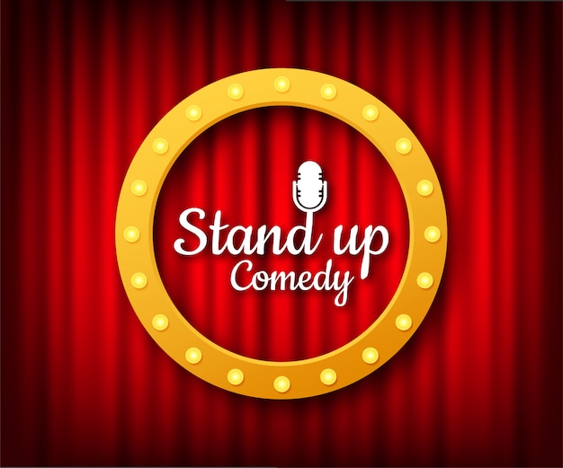 Vector stand up in flat style on red background. retro microphone . mic stand.   illustration.