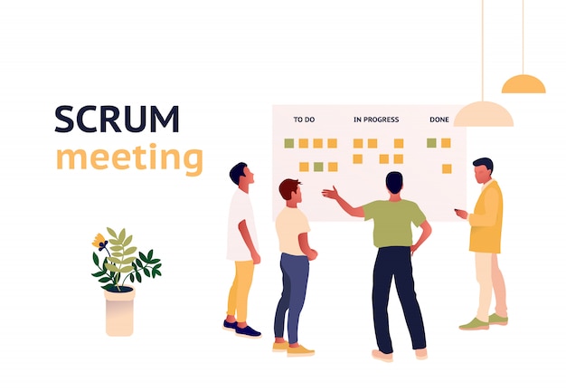 Vettore illustrazione di riunione in piedi. scrum master con il team.