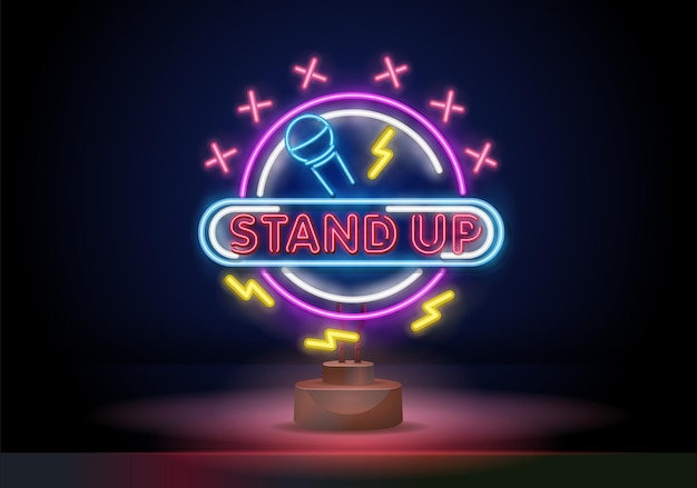 Stand up neon sign neon sign bright signboard light banner microphone neon template for karaoke live...