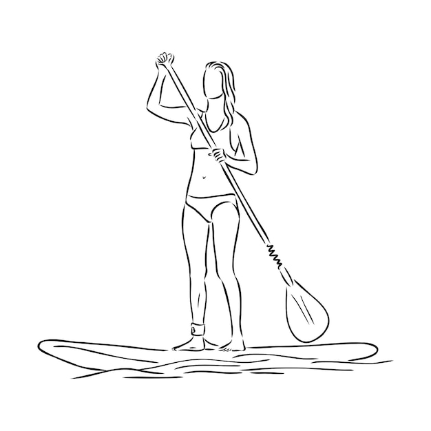 Stand-up paddle-surfen, instappen. Enige vrouwelijke surfer met peddel. Surfridermeisje aan boord. Paddleboarden, SUP-fitness. fitness illustratie. Abstracte geïsoleerde contour van surfboarder. paddleboarden