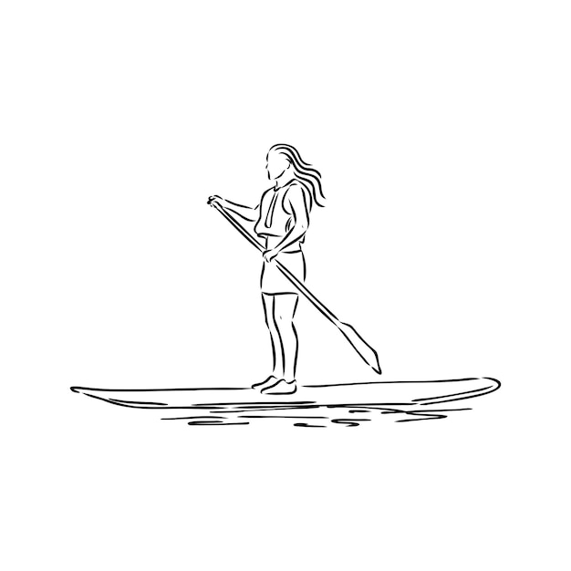 Stand-up paddle-surfen, instappen. Enige vrouwelijke surfer met peddel. Surfridermeisje aan boord. Paddleboarden, SUP-fitness. fitness illustratie. Abstracte geïsoleerde contour van surfboarder. paddleboarden