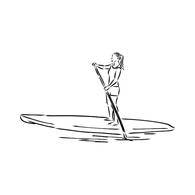 Stand-up paddle-surfen, instappen. Enige vrouwelijke surfer met peddel. Surfridermeisje aan boord. Paddleboarden, SUP-fitness. fitness illustratie. Abstracte geïsoleerde contour van surfboarder.