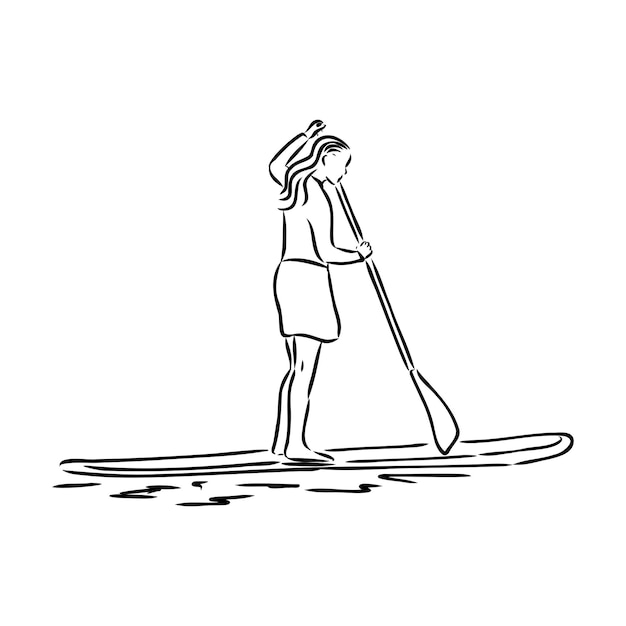 Stand up paddle surf, imbarco. surfista femminile single con pagaia. ragazza surfista a bordo. paddleboarding, sup fitness. illustrazione di fitness. contorno isolato astratto del surfista. paddleboard