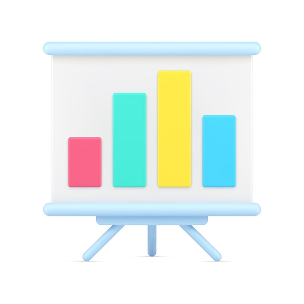 Stand with bar graphs 3d icon Colored infographic pillars with indicators of rise and fall of profit