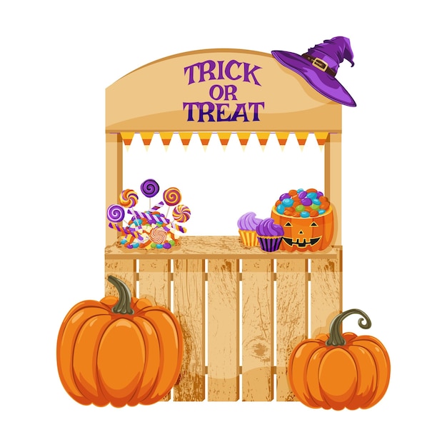 Stand with halloween items wooden booth with pumpkin sweets cupcakes garland with flags decorative decoration for halloween celebration vector illustration
