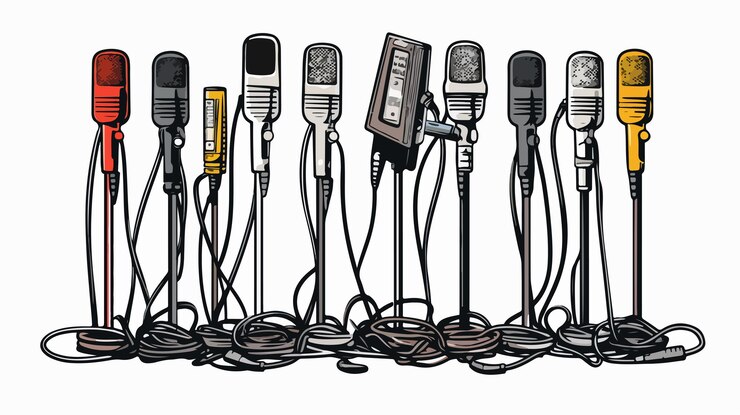 Vector stand with microphones color line art sketch engraving