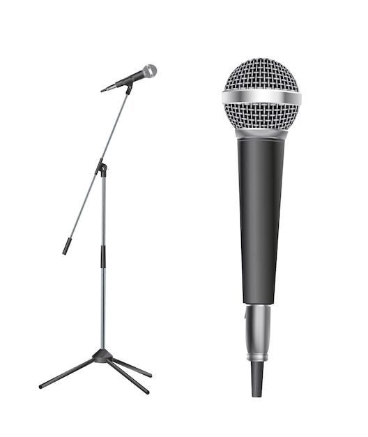 Vector stand with modern microphone on white background