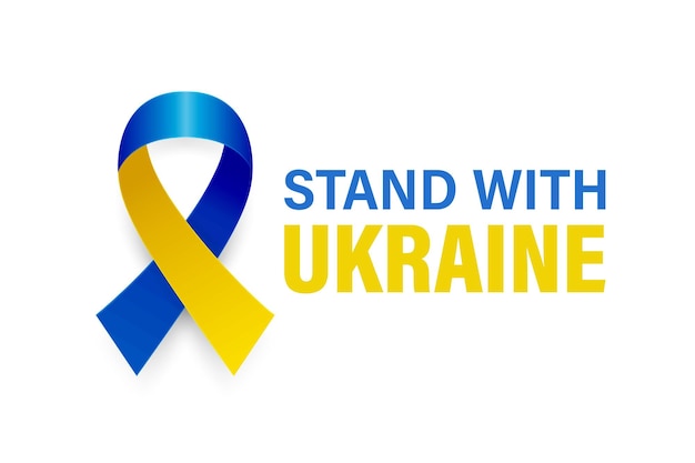 Vettore stand con l'ucraina chiama contro la guerra con il simbolo della pace con nastro di seta blu e giallo su sfondo bianco colori della bandiera ucraina lottare protesta sostenere l'ukraina slogan illustrazione vettoriale