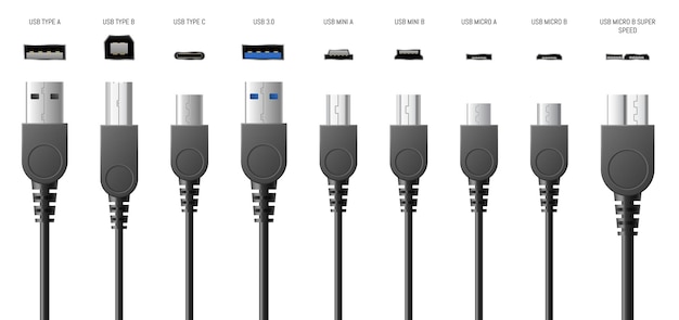 표준 Usb, A, B 및 유형 C 플러그, 소켓 또는 범용 컴퓨터 케이블 커넥터 3d 현실감 흰색 배경에 고립. 미니 및 마이크로 라이트닝. 3d 벡터 일러스트 레이 션