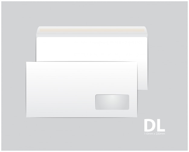 Стандартные белые бумажные конверты. для офисного документа или письма. пустой шаблон белый пустой почтовый конверт с прозрачным окном. размер dl, евро