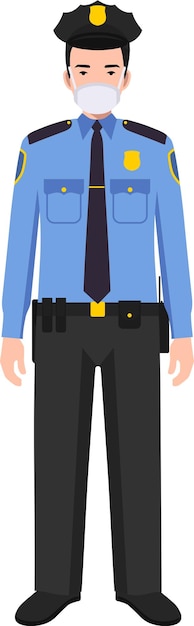 Standing American Policeman Officer in Traditional Uniform and Protective Mask Character Icon