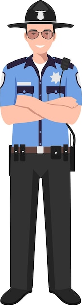 Vector standing american policeman sheriff officer in traditional uniform character icon in flat style