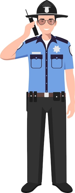 Vector standing american policeman sheriff officer with walkietalkie in traditional uniform character icon