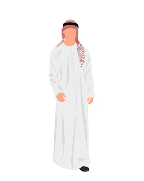 서 있는 아랍 남자 삽화, 전통 의상을 입은 아랍 남자 Thawb 및 Ghutra 캐릭터.