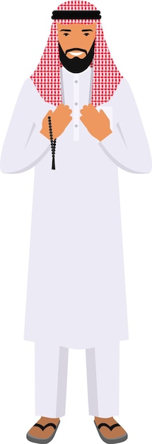 Vector standing arabic man praying with rosary in his hands. vector illustration