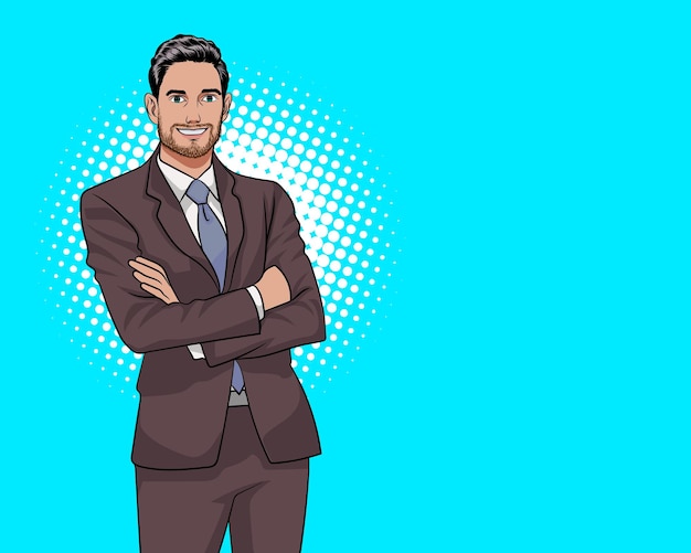 Vector standing bearded business man with crossed arms and smile retro style pop art retro comic style