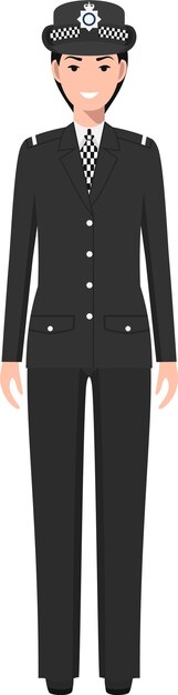 전통적인 유니폼을 입은 영국 여성 경찰관 평평한 스타일 터의 캐릭터 아이콘