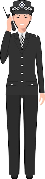 Standing British Policewoman Officer met WalkieTalkie in Traditioneel Uniform Character Icon