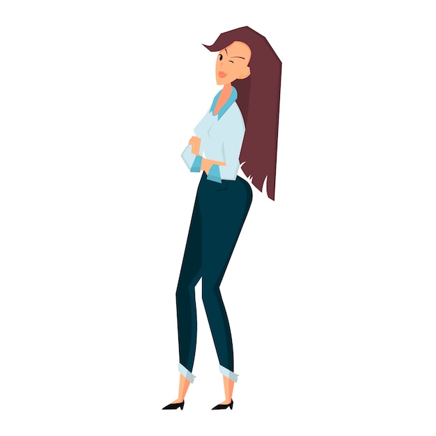 Standing businesswoman crossed her arms and winks Color flat vector cartoon