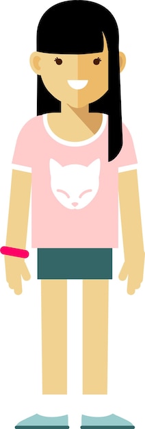 미니 스커트와 핑크 Tshirt 긴 검은 머리 플랫 스타일에 서 있는 아이 십 대 소녀