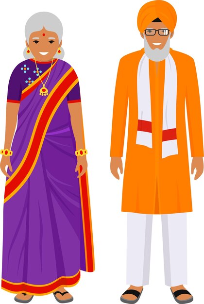 Standing couple old indian man and woman in traditional national clothes in flat style