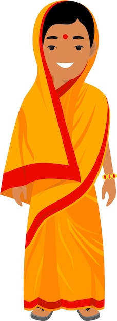 Вектор Стоящая милая улыбающаяся индийская девушка в традиционной национальной одежде в векторной иллюстрации плоского стиля