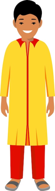 ベクトル フラット スタイルのベクトルで伝統的な国民服でかわいい笑顔インド ティーンエイ ジャーの男の子を立っています。