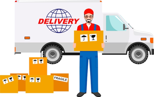 Standing Delivery Man in Uniform Holding the Cardboard Parcel Box with Delivery Truck