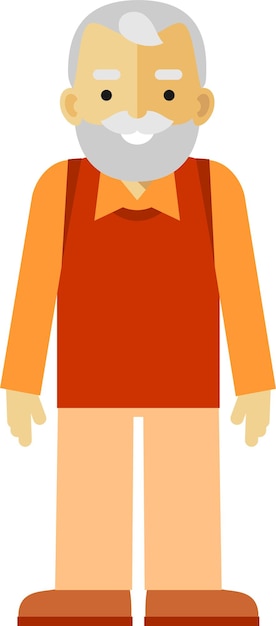 Standing Elderly Older Aged Man with Beard Front View in Flat Style