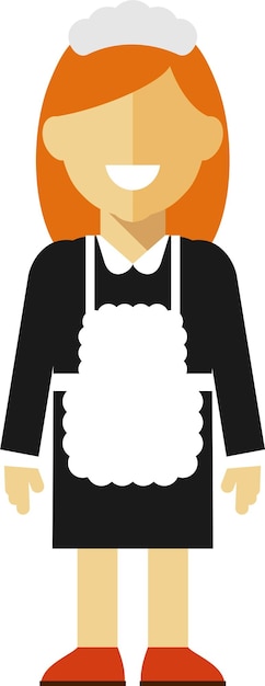 Cameriera femminile in piedi cameriera domestica in uniforme e grembiule in stile piatto