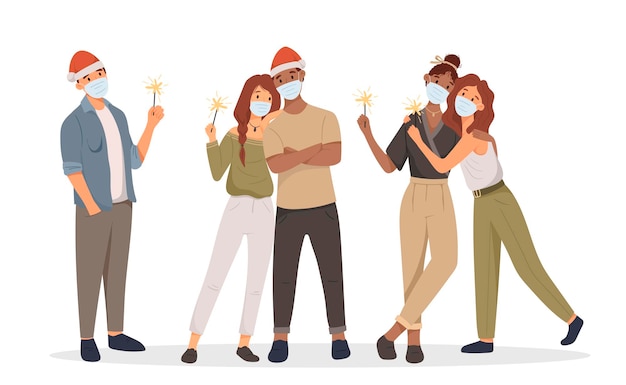 Standing friends celebrate Christmas or New Year in pandemic Sparklers Santa hat face masks