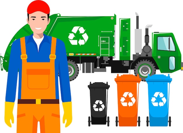 Standing garbage man in uniform on background with green garbage truck vehicle with recycle symbol