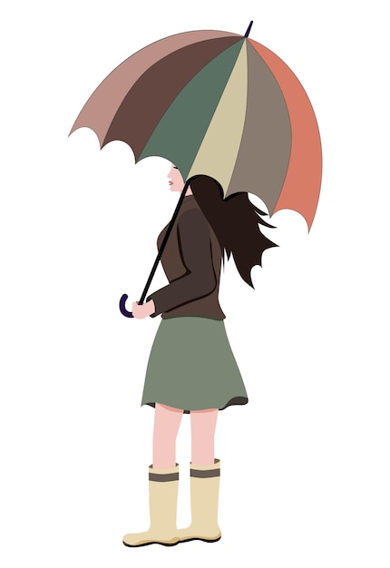 Стоящая девушка в юбке и галошах с красочным зонтиком в векторе