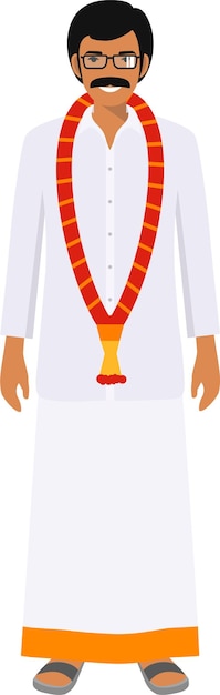 Standing Indian Adult Man with Mustache and Glasses in Traditional National Clothes in Flat Style