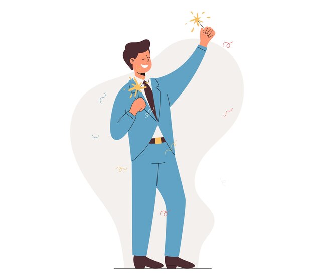 Vector standing man in formal suit with sparklers joyful businessman celebrating holiday in the office