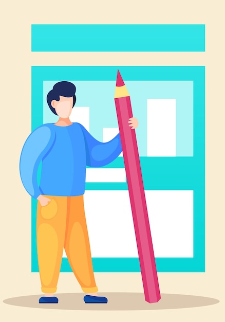 Vector standing man holding a large pink pencil in his hands creative thinking innovative idea innovation inspiration for artist creator guy on the background of square robot head or bookcase