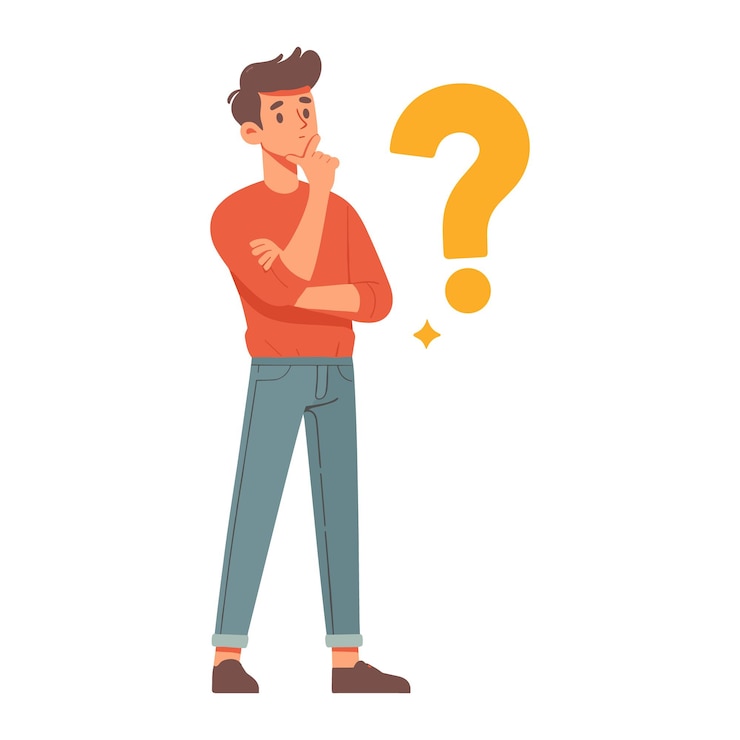 Vector standing man wondering gesture and question mark flat design vector illustration