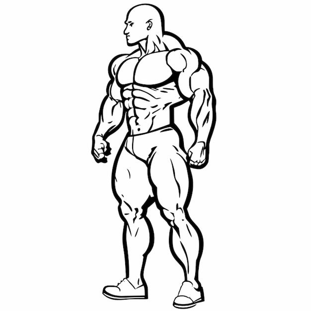 standing muscular bald man vector illustration line art