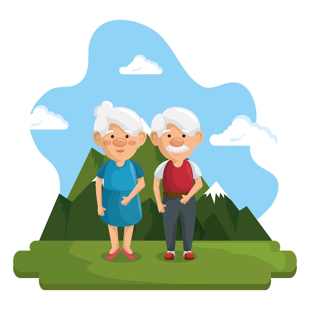 Standing old people with mountains and blue sky behind