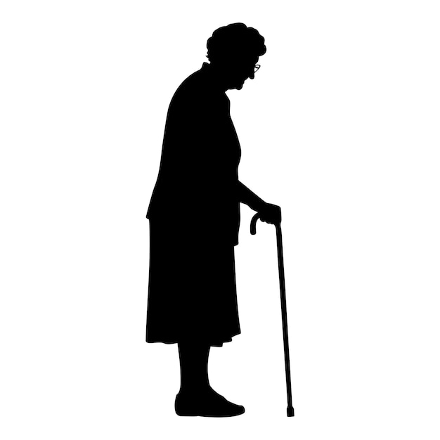 Standing old woman with cane silhouette Vector illustration