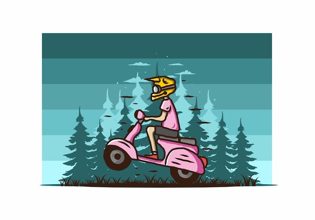 Scooter in piedi nell'illustrazione della foresta