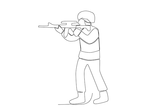 銃の線画を使用して発砲するヘルメットをかぶった立っている兵士