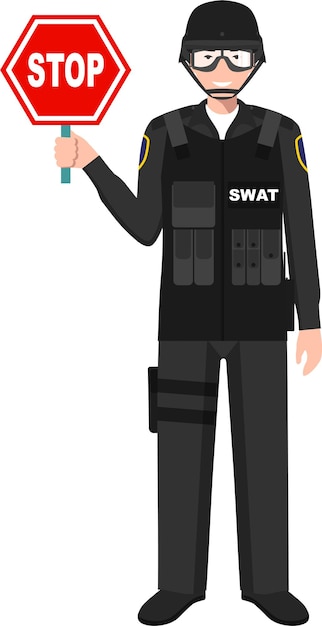 伝統的な制服文字アイコンで警告サインを停止して SWAT 警察官役員を立っています。