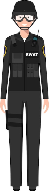 SWATの女性警察官が伝統的なユニフォームを着てフラットスタイルのベクトルでキャラクターアイコンを描いています